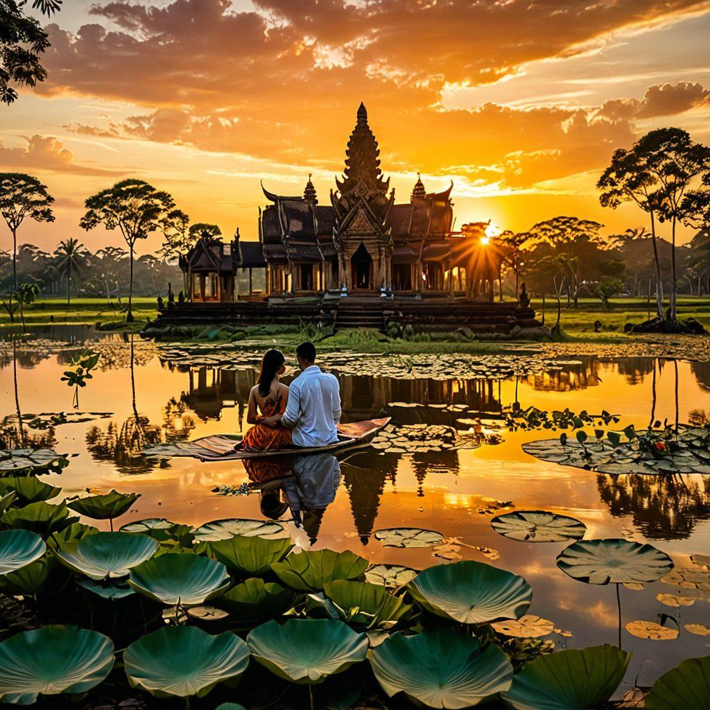 A serene Cambodian landscape featuring a tranquil temple backdrop, with a couple joyfully embracing each other, surrounded by traditional Khmer motifs like lotus flowers and intricate textiles. Soft, warm lighting creates an inviting atmosphere, symbolizing intimacy and cultural richness. A colorful sunset casts a golden hue, enhancing the feeling of wellness and connection. super-realistic. vibrant colors. warm tones.