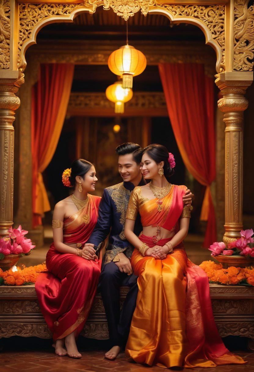 A beautifully decorated Khmer-style celebration scene with couples sharing moments of joy, surrounded by traditional elements like ornate sculptures, lotus flowers, and vibrant silk fabrics. The soft glow of lanterns illuminates the background, symbolizing romance and heritage. Diverse couples of different backgrounds come together, showcasing unity in love and culture. super-realistic. vibrant colors. warm lighting.