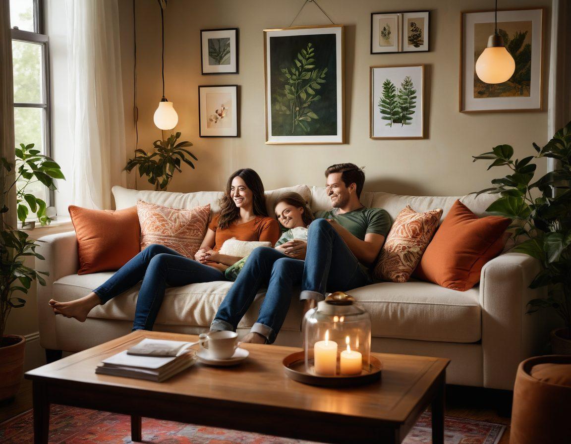 A warm, inviting scene of a couple sharing a joyful moment in a cozy living room, surrounded by soft lighting and personal mementos that reflect their journey together. Include symbols of love and intimacy, such as intertwined hands and soft pillows, with a hint of nature visible through a window. Emphasize a sense of connection and happiness. super-realistic. warm colors. cozy atmosphere.